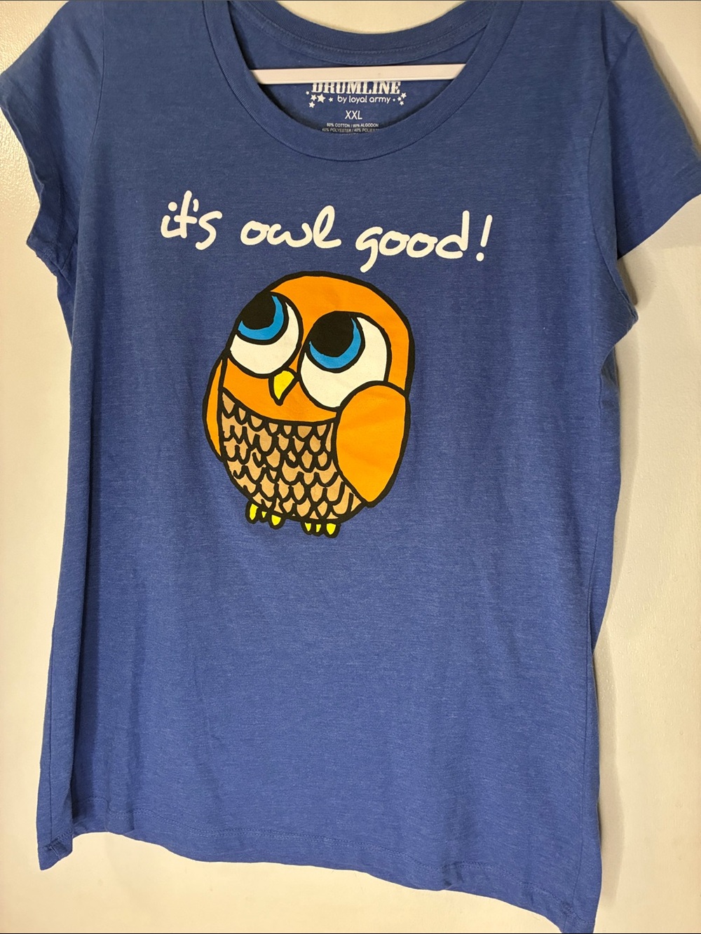 Drumline Blue Short Sleeve Tee with Orange Owl Graphic by Loyal Army XXL